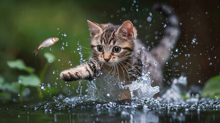 Wall Mural - Close up of Little Cat Catching Fish