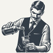 Nicely groomed bartender in a vest pouring a drink from a bottle to a glass. Black and white vintage woodcut style vector illustration.