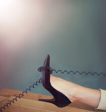 Shoes, Table Or Relax Woman With Telephone Cable In Office For Networking, Consultation Or Communication. Work Break, Easy Or Closeup High Heel Of Agent Feet With Phone Call, Landline Or Mockup Space