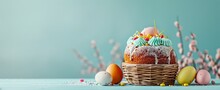 Easter Cake And Colored Eggs With Pussy Willow On A Blue Background, With Copy Space, Banner