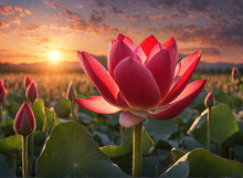 Red Waterlilly Sprout With Buds To Bloom In A Field At Sunset