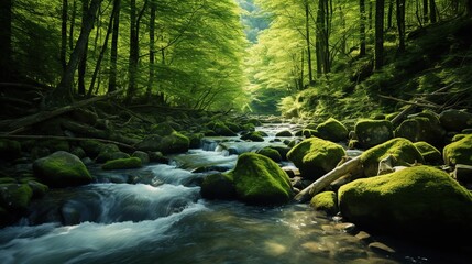 river with mossy rocks in the middle of a tropical forest