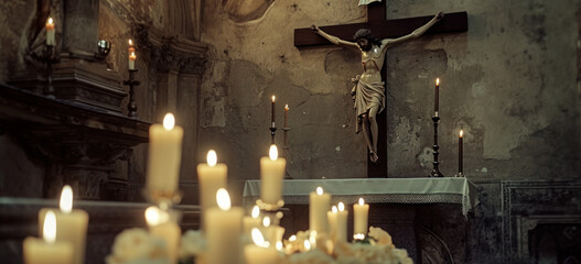 Candles lit before crucifix in serene chapel. Spirituality and worship.