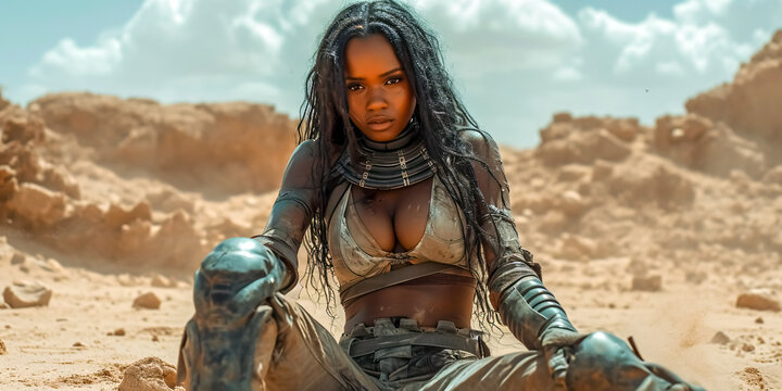 Beautiful African American woman warrior in the desert. 3d rendering