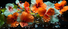 Close-up Of Nasturtium Flowers With Water Droplets.