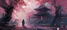 Tranquil Scene With Woman Walking Under Cherry Blossoms Near Temple. Serenity And Nature.