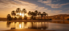 Oasis In Desert With Palm Trees And Water At Sunset. Tranquil Nature Scene.