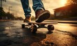potrait skateboarder skateboarding with low angle at sunrise city skatepark. extreme sport