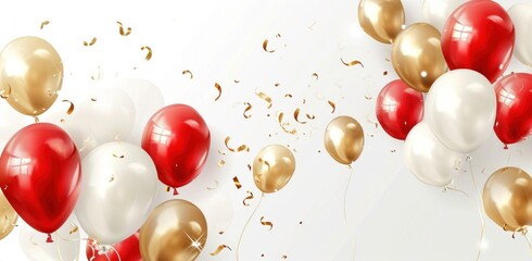 red, gold, and white balloons are floating across a white background.