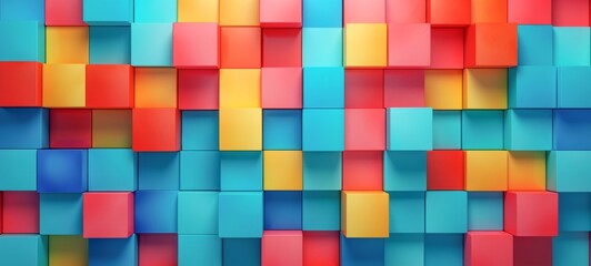 Poster - Abstract geometric blue pink yellow colors colored 3d square cubes texture wall background banner illustration panorama long, textured wallpaper