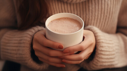 Wall Mural - the girl holds a cup of coffee in her hands close-up