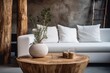 White Couch and Wooden Table in Simple, Modern Living Room Decor. Scandinavian home interior design of modern living home.
