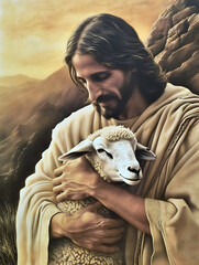 Canvas Print - Oil painting of Jesus recovered the lost sheep carrying it in arms.