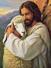 Canvas Print - Oil painting of Jesus recovered the lost sheep carrying it in arms.