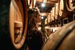 Renowned female sommelier in a wine cellar, evaluating fine wines with a background of oak barrels and vintage collections.
