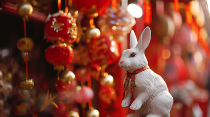 white rabbit in the cina town with lunar new years decoration background. AI Generative