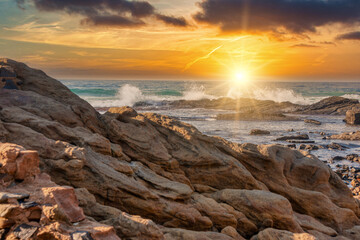 coastline rocks and waves, on Ballito Bay, Durban, south africa