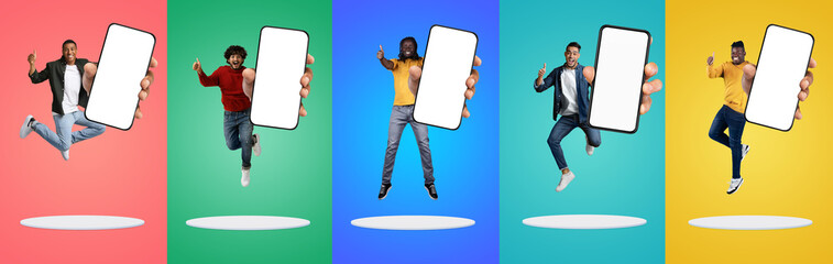 Poster - Cool App. Happy Multiethnic Men Demonstrating Big Blank Smartphones With White Screen