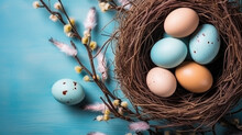 A Natural Bird's Nest With Colorful Easter Eggs Nestled Among Greenery On A Blue Background.
