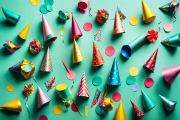 Wall Mural - Colorful birthday caps, handcrafted by kids, arranged neatly on a mint background, captured from a top view perspective, showcasing a festive DIY project.