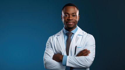 Poster - Smiling doctor wearing a white lab coat with a stethoscope around his neck, standing confidently against a colored background.