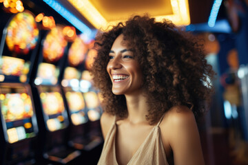 Radiant young black woman enjoying her time amidst vibrant slot machines at the casino