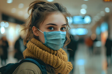 Wall Mural - Young woman with a mask at the airport, travel during pandemic concept.