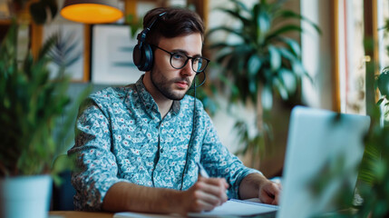 Sticker - Young man is intently working on a laptop while wearing headphones, likely engaged in remote work or studying in a home environment