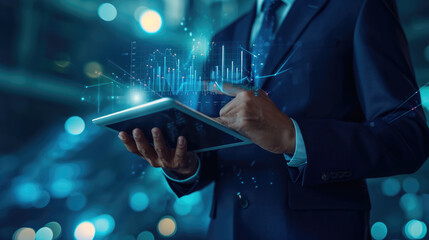 Canvas Print - Businessman in a dark suit using a tablet with holographic financial charts projected in front of him, suggesting a high-tech approach to business analytics