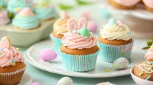 Easter-themed Cupcakes And Cookies On A Pastel-colored Table Setting