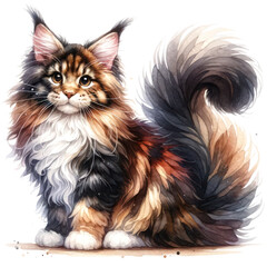 Wall Mural - watercolor cute Maine Coon cat isolated on transparent background