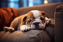 The Bulldog Puppy Sleeps On The Sofa, In The Style Of Soft And Dreamy Atmosphere, Light Orange And Light Maroon, Human-canvas Integration, Canon Eos 5d Mark Iv, Unprimed Canvas, Eye-catching, Engineer