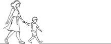 Continuous Single Line Drawing Of Young Boy Walking By The Hand Of His Mother, Line Art Vector Illustration