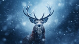 Fototapeta Zwierzęta - Deer in the snow with light and snow falling around it, in the style of photorealistic portraiture, dark red and dark azure, photo-realistic landscapes, wimmelbilder, exotic flora and fauna, baroque a