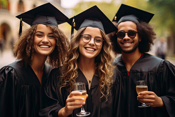 group of cheerful multiethnic friends in graduation gown glasses champagne looking at camera in park celebrating convocation.