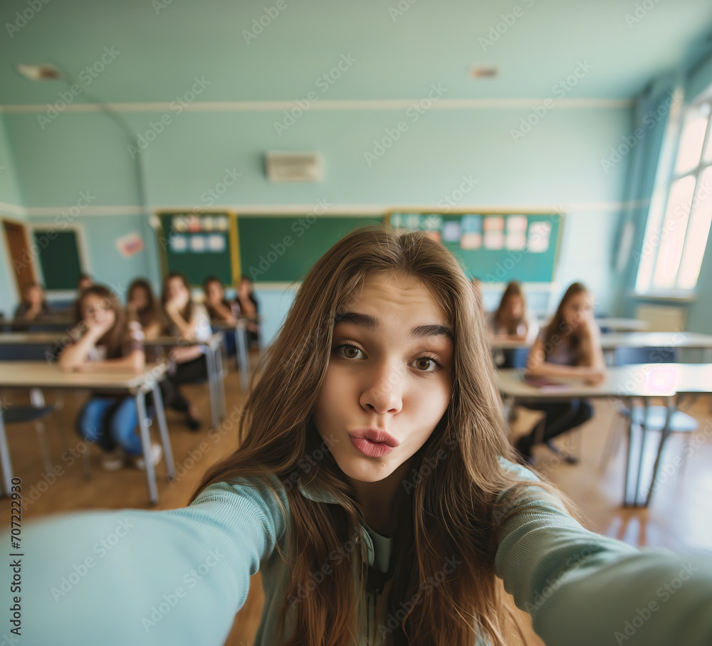 Teenage student girl taking a duck face selfie, classroom and ...