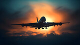 Fototapeta Na sufit - Airplane silhouette against dramatic sunset sky with vibrant orange hues and clouds, depicting travel and adventure.