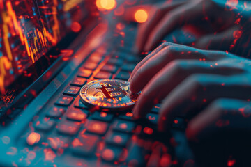 Poster - A photo showcasing work in cyberspace, utilizing a laptop for managing banking and financial investment information
