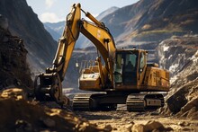 Construction Site Excavator Digger Miner Excavation Building Mud Heavy Powerful Hydraulic Machinery Industrial Equipment Working Engineer Professional Digging Mining Carry Bulldozer Dirt Workplace