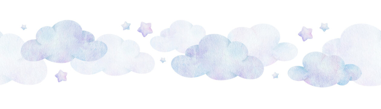 air clouds and stars. children's background. watercolor baby seamless border. isolated. design for k