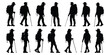 Silhouettes of climbers. Hiker Silhouettes are isolated on a white background. Hiker silhouette set. People with backpack.