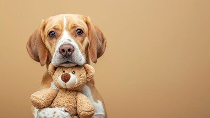 Canvas Print -  a brown and white dog holding a  bear in it's mouth and looking at the camera with a sad look on his face, with a tan background. 