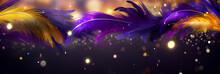 Feathers On A Purple Background, Suitable For Design With Copy Space, Mardi Gras Celebration.
