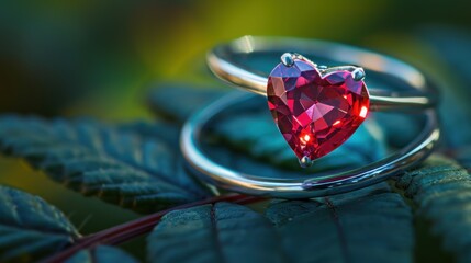 Poster -  a close up of two rings with a heart shaped ring on top of one another with a leaf in the back ground and a green leaf in the foreground.