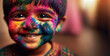 Joyful child's face covered with vibrant Holi powder, eyes sparkling with happiness and innocence during the Holi festival celebrations.