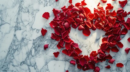Wall Mural -  a heart - shaped arrangement of red petals on a marble surface with a light shining through the middle of the petals and the petals in the shape of a heart.