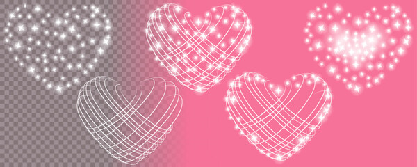 Set of glowing heart by Valentine's day, wedding, engagement. Realistic isolated vector objects for invitation, print, computer games.