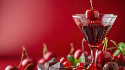  a glass filled with chocolate and cherries next to a plate of cherries and a glass of chocolate with cherries on the rim and cherries on the rim.