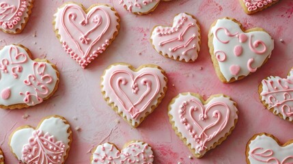 Wall Mural -  a table topped with heart shaped cookies on top of a pink table covered in frosted pink and white icing and pink sprinkles on top of the cookies.