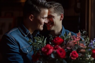 Gay LGBT couple in love valentines day roses flowers kissing happy together